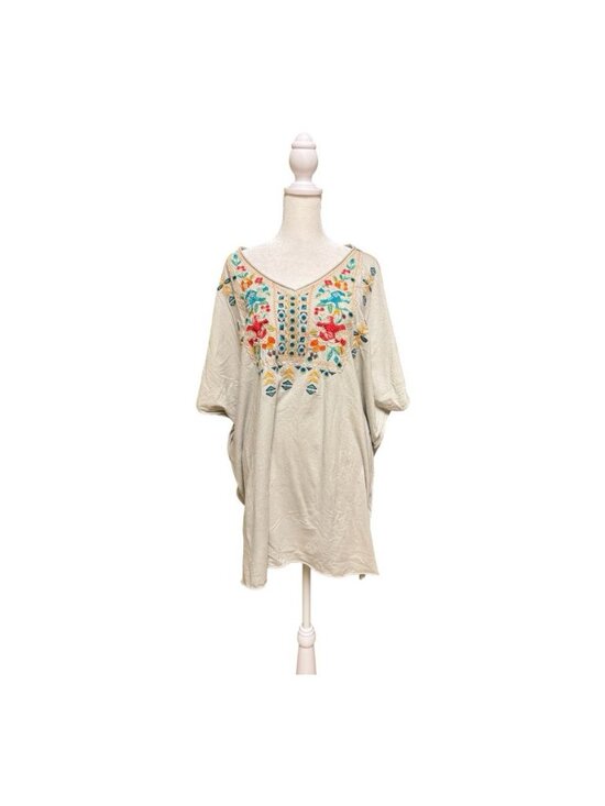 Johnny Was Tops - Johnny Was JWLA S Embroidered Boho Oversized Poncho Tunic Top Beige
